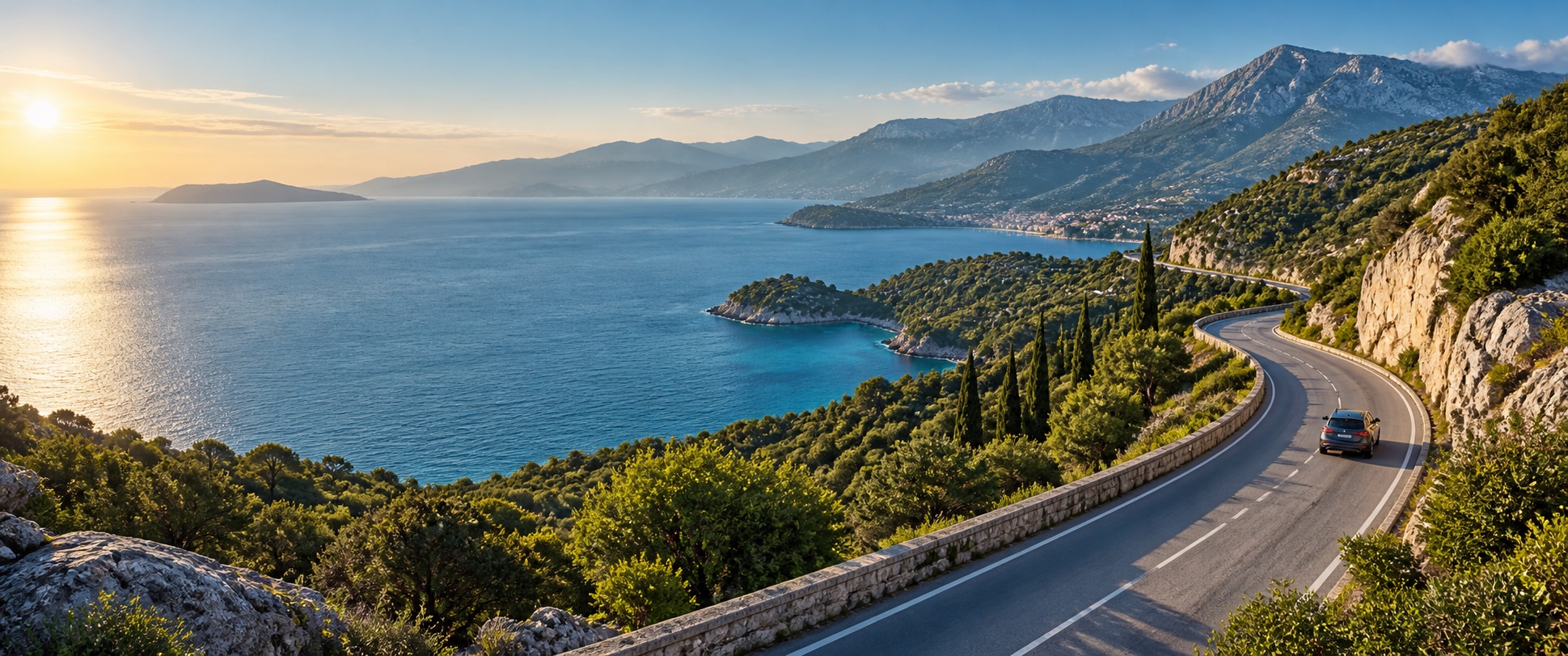 A scenic coastal road overlooking the sea and mountains
