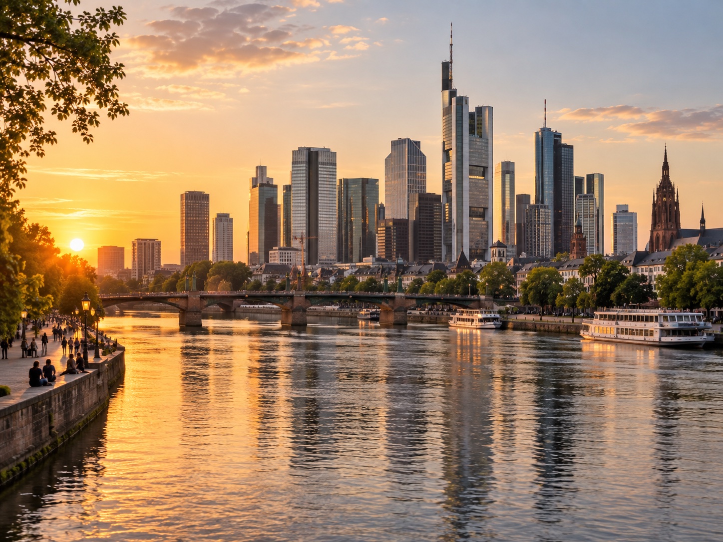 Frankfurt skyline beside the Main river at sunset