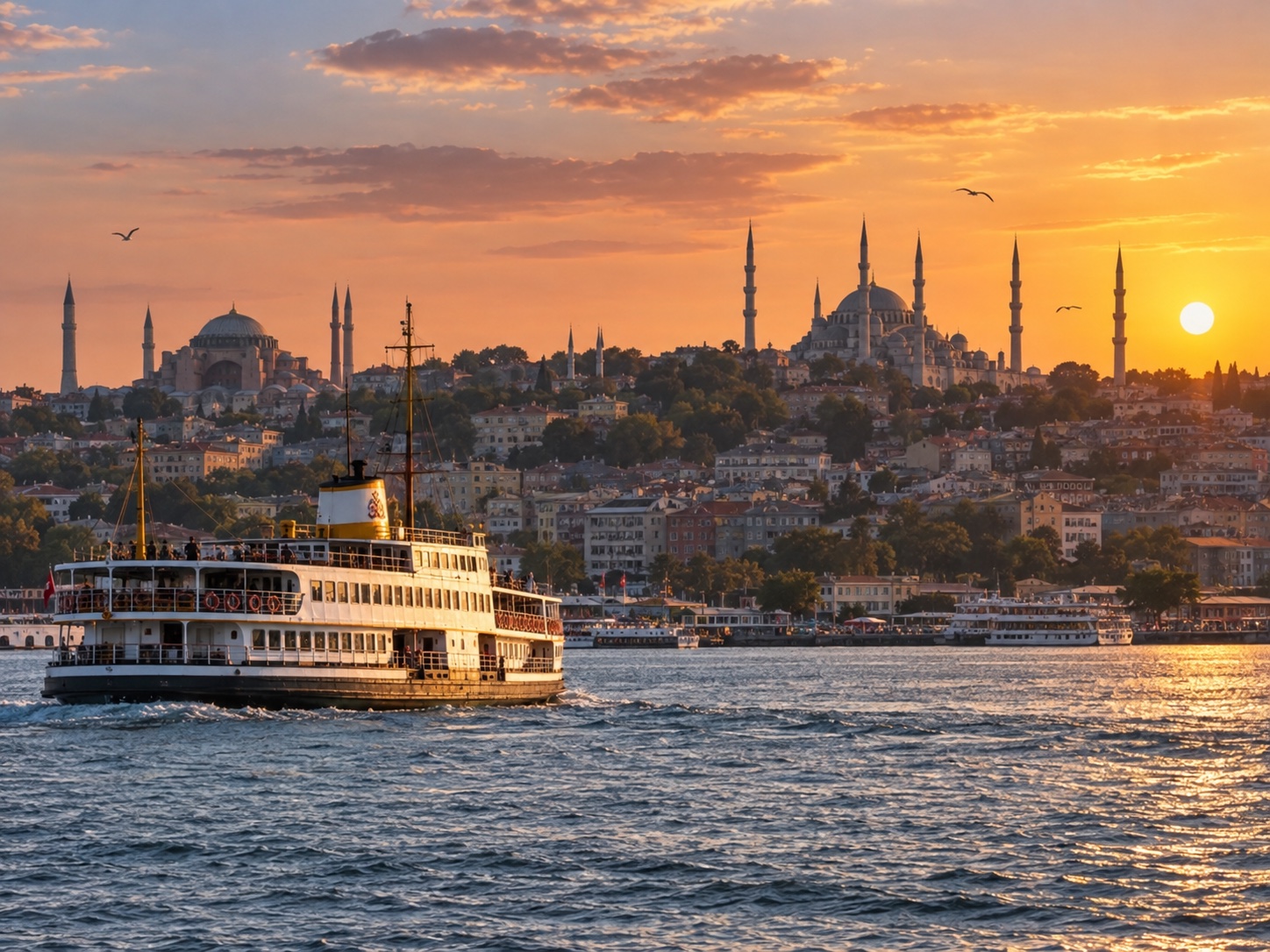 Istanbul skyline and ferry on the Bosphorus at sunset